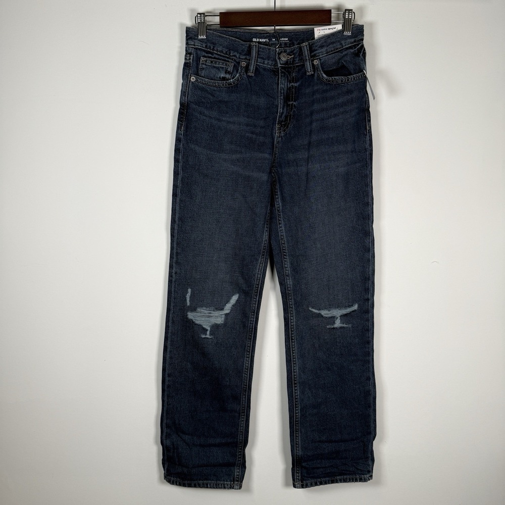 Old Navy Girls Jeans Size 14 Loose Medium Wash Distressed NEW‎ NWT